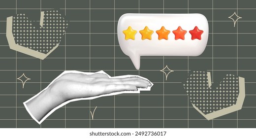 Feedback background with halftone hand and 3d star. Speech bubble with halftone element. Contemporary design with texture hand. Vector illustration