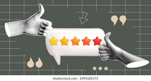 Feedback background with halftone hand and 3d star. Speech bubble with halftone element. Contemporary design with texture hand. Vector illustration