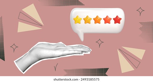 Feedback background with halftone hand and 3d star. Speech bubble with halftone element. Contemporary design with texture hand. Vector illustration