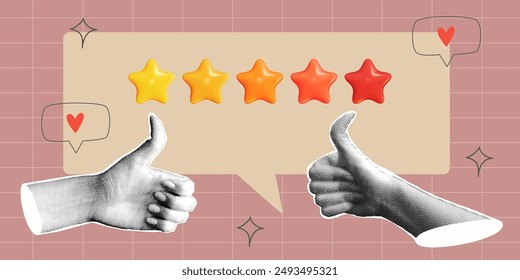 Feedback background with halftone hand and 3d star. Speech bubble with halftone element. Contemporary design with texture hand. Vector illustration