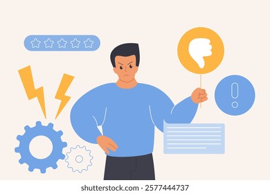 Feedback of bad customer experience, complaint in review survey service, social media. Tiny unhappy man holding thumbs down sign to vote for poor quality in comment cartoon vector illustration