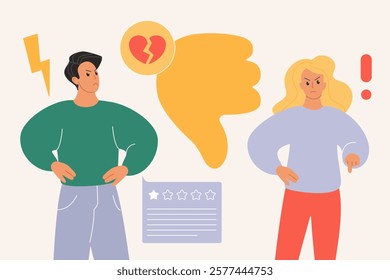 Feedback of bad customer experience, dislike in social media, negative opinion. Tiny angry people holding thumbs down to evaluate poor quality of product or service cartoon vector illustration