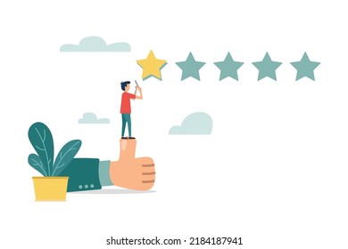 Feedback, bad review or one star customer feedback, terrible or poor quality user experience, low rating result or disappointment concept, unhappy man on thumb down giving bad review star.