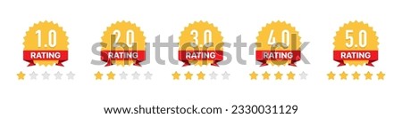 Feedback badges collection with star rating. Set of rating stars badges with ribbon in a flat design. Star rating emblem collection