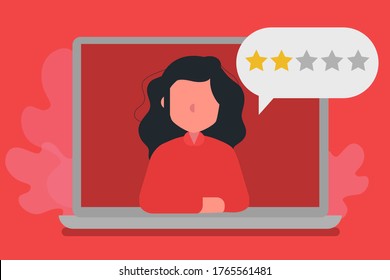 Feedback banner concept. Woman giving 
two stars, low rating feedback on laptop screen. Leaving negative review, unsatisfied rating. Customer service and user experience. Flat Vector illustration
