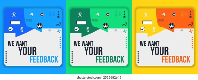 Feedback banner. Memphis style design. Containing feedback, opinion. Vector banner set related to survey.