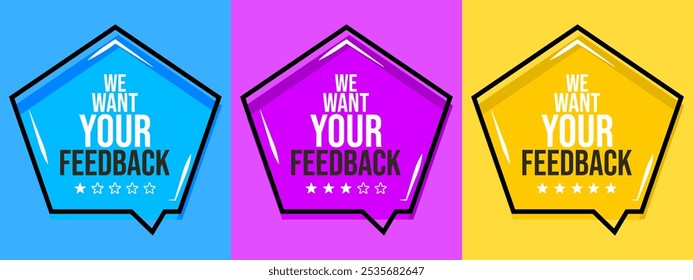 Anuncio de Comentarios. Diseño de estilo de Memphis. Contiene Comentarios, opinión. Conjunto de Anuncios de Vector relacionados con la Encuesta.