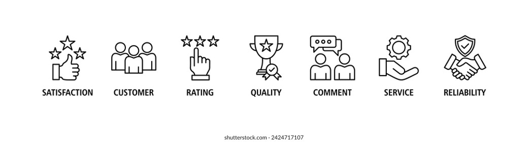 Feedback banner web icon set vector illustration concept with icon of satisfaction, customer, rating, quality, comment, service and reliability