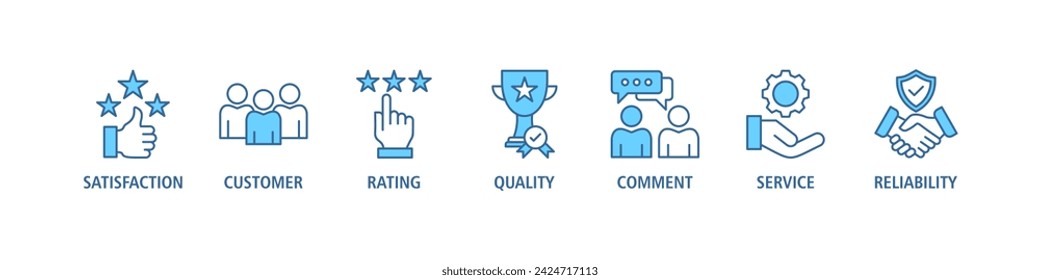 Concepto de ilustración vectorial de conjunto de iconos web de banner de retroalimentación con icono de satisfacción, cliente, calificación, calidad, comentario, servicio y fiabilidad