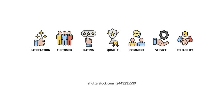 Concepto de ilustración vectorial de icono web con icono de satisfacción, cliente, calificación, calidad, comentario, servicio y fiabilidad