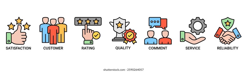 Feedback banner web icon vector illustration concept with icon of satisfaction, customer, rating, quality, comment, service and reliability icons. Outline color vector symbol background.