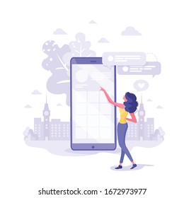 Feedback between Costumer and Support Modern Flat Vector Illustration. Client Woman Character Standing near Smartphone Touching Screen Mobile Phone to ask Information Service Center. Online Help.