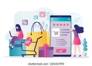 Feedback between seller and buyers. Protection of consumer rights. Shopping process, technology of online communication and shopping. Review on product after purchase. Business female characters.