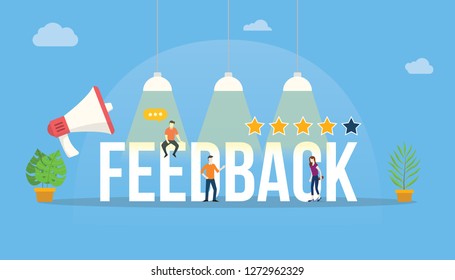 feedback big word customer rating with people team office and rate star - vector
