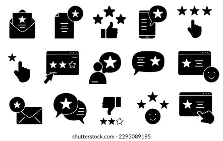 Iconos negros de retroalimentación. Calificación, satisfacción del cliente, correo electrónico