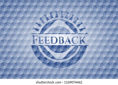 Feedback blue badge with geometric pattern.