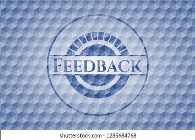 Feedback blue emblem with geometric background.