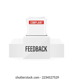 Feedback-Box mit Beschwerdebriefen auf weißem, isoliertem Hintergrund. Vektorgrafik