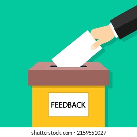 Feedback Box. Hand Holding Paper Card For Feedback. Icon Of Suggestion. Poll And Suggest For Customer. Submission Of Comment In Box. Review Of Customers. Vector.