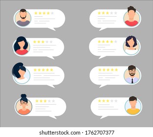 Feedback Chat-Sprechblase mit männlichen und weiblichen Avatar-Set. Bewertung des Qualitätssystems einer 5-Sterne-Bewertung mit einer guten und schlechten Bewertung. Bewertungskonzept und Bewertung. Vektorgrafik.