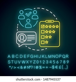 Feedback collection neon light concept icon. Customer service experience idea. Client satisfaction survey, review. Quality evaluation. Glowing alphabet, numbers and symbols. Vector illustration