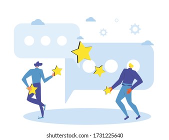 Feedback and comment concept. Client review. People holding stars in their hands. Two young men juggling  with mark sings near huge comment speech bubbles. Service rating. Vector flat illustration.