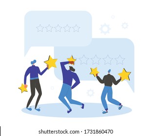 Feedback and comment concept. Client review. People holding stars in their hands. Young men and woman with mark sings near huge comment speech bubbles. Service rating. Vector flat illustration.