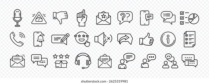 Feedback and Communication Icon Set – Includes Icons for Microphone, Alert, Thumbs Down, Email Review, Rating, Question, Phone Call, Notification, Comment, Chat, Messaging, Survey, Pie Chart