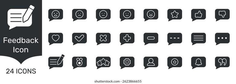 Feedback And Communication Icon Set. User Interaction, Review, And Response Silhouette Symbol Collection. Includes Emoticons, Ratings, And Notifications. Isolated Vector Illustration.