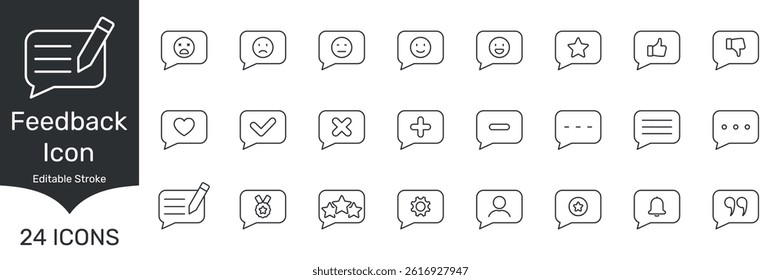 Feedback And Communication Icons Set. User Interaction, Rating, And Review Outline Symbol Collection. Editable Stroke. Isolated Vector Illustration.