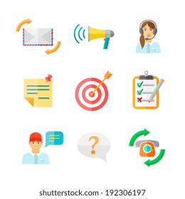 Feedback computer web tablet social media symbols pictograms on white set flat vector illustration