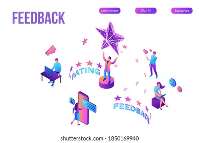 Feedback concept with 3d isometric star icon, customer rate product, client satisfaction survey, people review quality of service,  purple vector illustration, landing page template