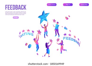 Concepto de retroalimentación con icono de estrella isométrica 3d, producto de tasa de clientes, encuesta de satisfacción de clientes, revisión de la calidad del servicio, ilustración de vector púrpura, plantilla de página de aterrizaje