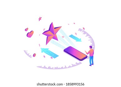 Feedback concept with 3d isometric star icon, customer rate product, client satisfaction survey, people review quality of service, purple vector illustration