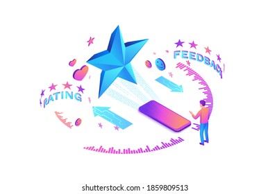Feedback concept with 3d isometric star icon, customer rate product, client satisfaction survey, people review quality of service,  purple vector illustration
