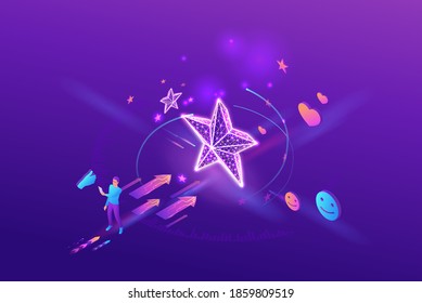 Feedback-Konzept mit 3D-Isomometrietrietriegeln, Kundenbewertungsprodukt, Kundenzufriedenheitsbefragung, Menschen überprüfen Qualität der Dienstleistung, violette Vektorgrafik