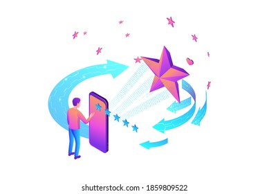 Concepto de retroalimentación con icono de estrella isométrica 3d, producto de tasa de clientes, encuesta de satisfacción de clientes, revisión de la calidad del servicio, ilustración de vector púrpura