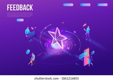 Feedback concept with 3d isometric star icon, customer rate product, client satisfaction survey, people review quality of service,  purple vector illustration, landing page template