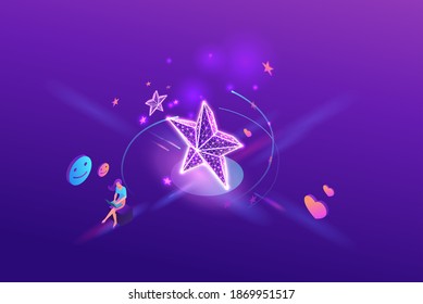 Feedback concept with 3d isometric star icon, customer rate product, client satisfaction survey, people review quality of service, purple vector illustration