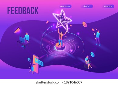 Feedback concept with 3d isometric star icon, customer rate product, client satisfaction survey, people review quality of service,  purple vector illustration, landing page template