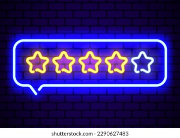 Feedback concept. Blue neon five star rating bubble on dark brick background. Editable stroke and blend. Vector illustration.