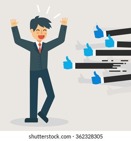 Feedback concept: Businessman with many thumbs up positive feedback