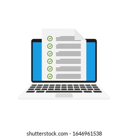 Feedback Concept Check-Listenpapier in Laptop, flache Vektorillustration