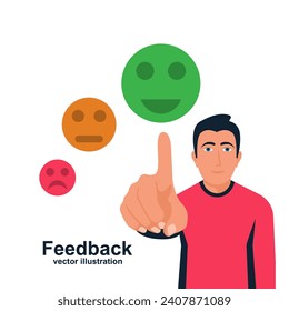 Concepto de retroalimentación. Evaluación del servicio de emociones de elección. Revisión positiva. Diseño plano de ilustración vectorial. Aislado sobre fondo blanco. Nivel de satisfacción, rango para evaluar emociones. Excelente y bueno horrible