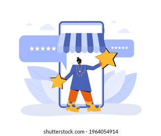 Feedback concept. Client review. Adult woman holding stars in his hands. Shops customer with mark sings near huge smartphone. Service rating. Vector illustration.