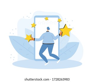 Concepto de retroalimentación. Revisión del cliente. Hombre con estrellas en las manos. Los malabarismos adolescentes con marcas cantan cerca de un enorme smartphone. Clasificación de servicio. Ilustración plana vectorial.