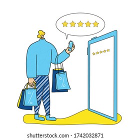 Feedback concept. Client review. Man with shopping bag giving five starsto app. Person holding phone. Satisfaction level. Consumer product review Vector flat illustration.