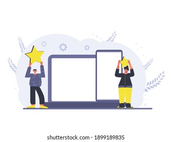 Feedback concept. Client review. Man and woman holding stars in their hands with laptop and phone. Service rating. Satisfaction level. Consumer product review Vector flat illustration.