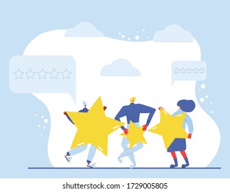 Feedback concept. Client review. People holding stars in their hands. Service rating. Satisfaction level. Consumer product review Vector flat illustration.