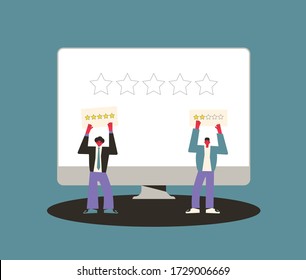 Feedback concept. Client review. People holding plackards with gold stars in their hands. Service rating. Satisfaction level. Consumer product ranking. Vector flat illustration.